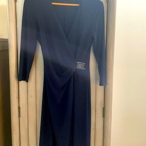 Size 6 Navy Anne Klein faux wrap dress with gold detail, knee length
